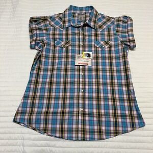 NWT Wrangler Women's Wrancher Shirt Pearl Snap Short Sleeve Blue Plaid Large